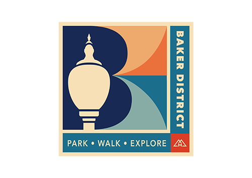 Baker District Logo with Park Walk Explore and the Mountain Home emblem on the bottom right corner