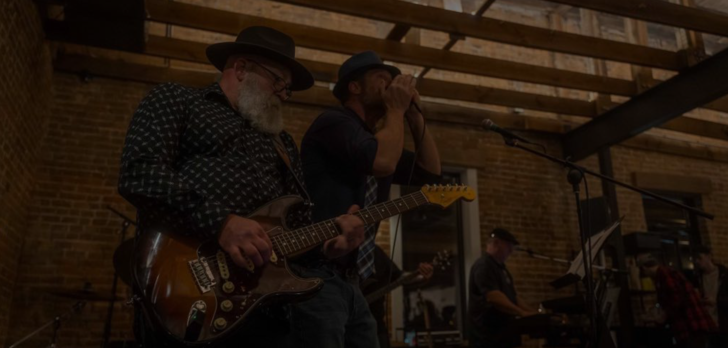Ozark Blues band playing guitar, keyboard and harmonica wearing hats, darkened for a website header image