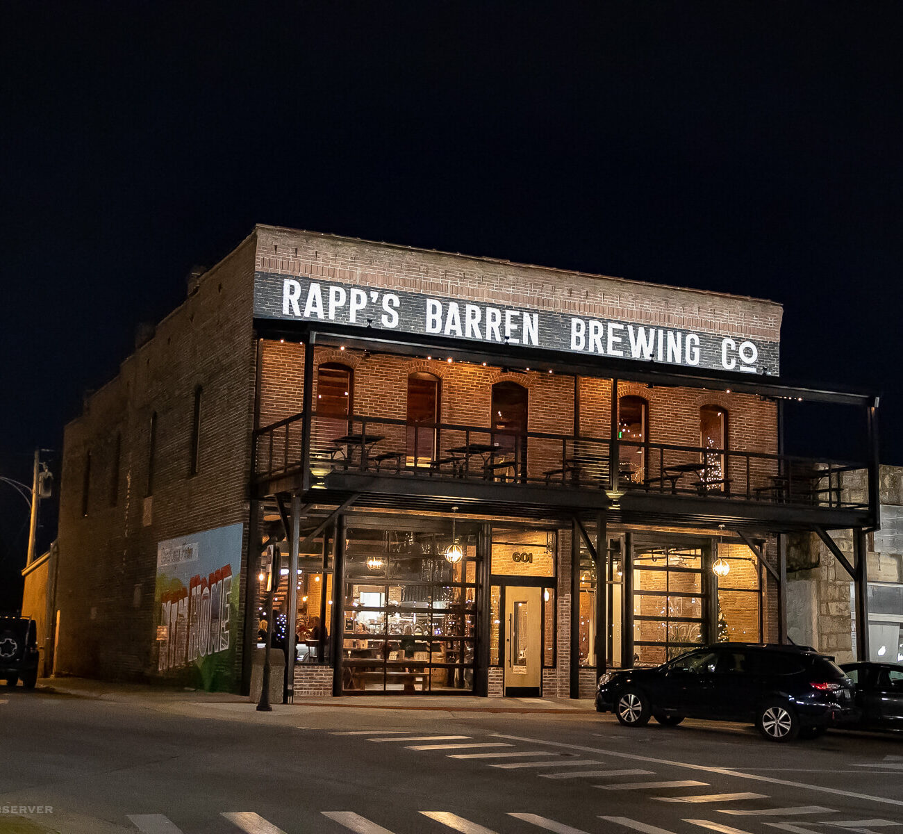 Night time view of Rapp's Barren Brewing Company in Mountain Home, Arkansas.